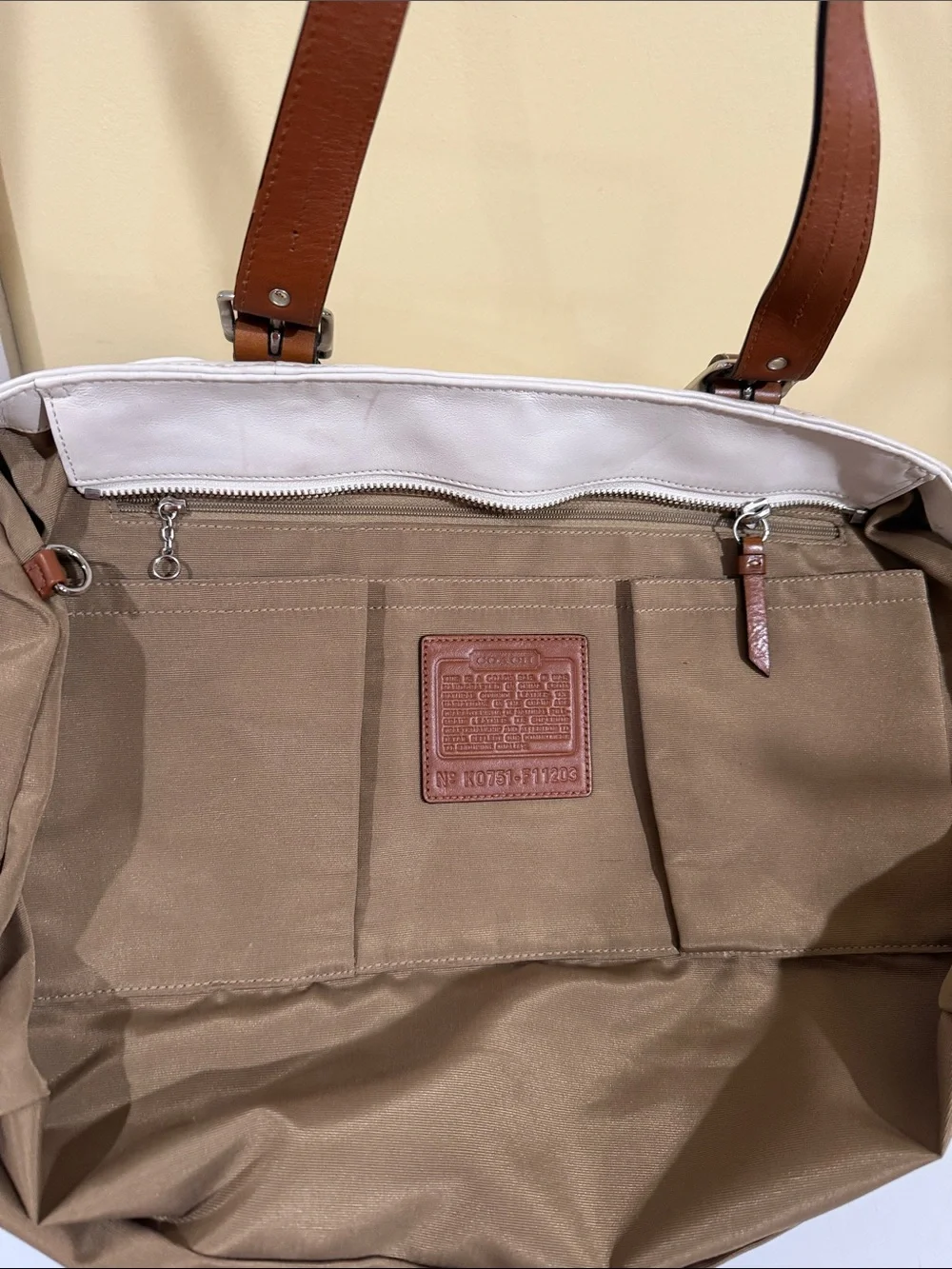 Coach White Leather Tote with Brown Trim and Straps Moms,work, Business Handbag